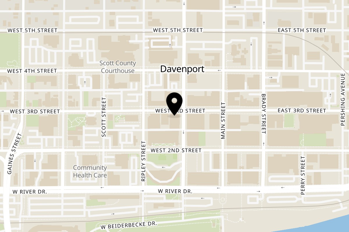 Map showing the location of Daiquiri Factory on 303 W 3rd St in Davenport